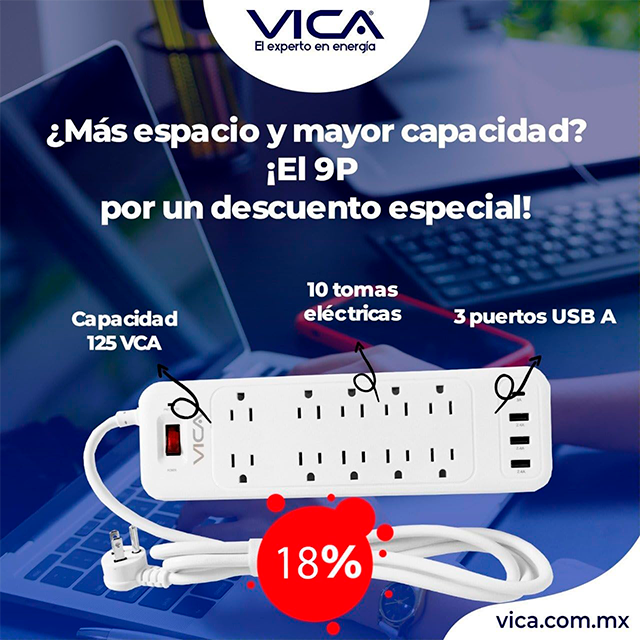 Centro de Carga VICA SUP USB 9P, 10 contactos NEMA 5-15R, 3 USB A,1 USB-C, supresor de picos, montaje pared – SUP USB 9P