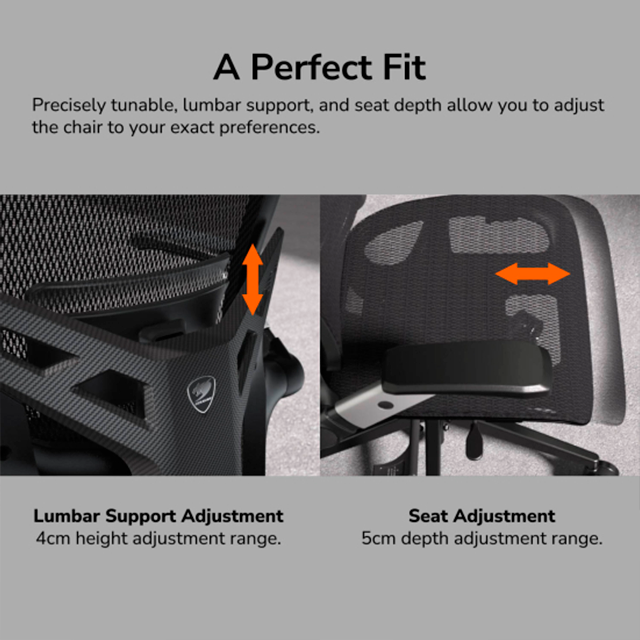 Silla Gamer Ergonómica COUGAR Speeder One, malla transpirable, soporte lumbar, reposabrazos 2D, negro – CGR-SPO-BLB