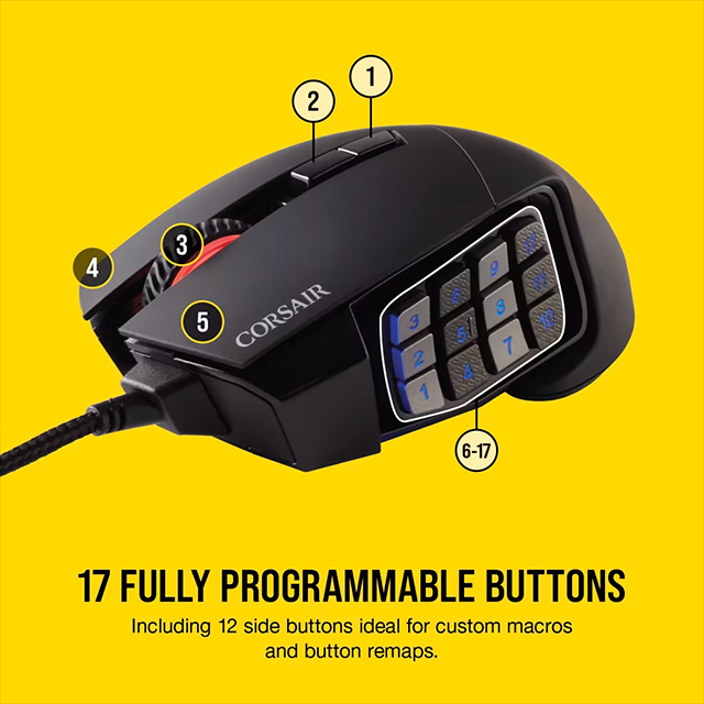Mouse Gamer Corsair Scimitar RGB Elite, Óptico 18,000 DPI, 17 Botones Programables, iCUE, Retroiluminación RGB, Alámbrico USB, Negro - CH-9304211-NA
