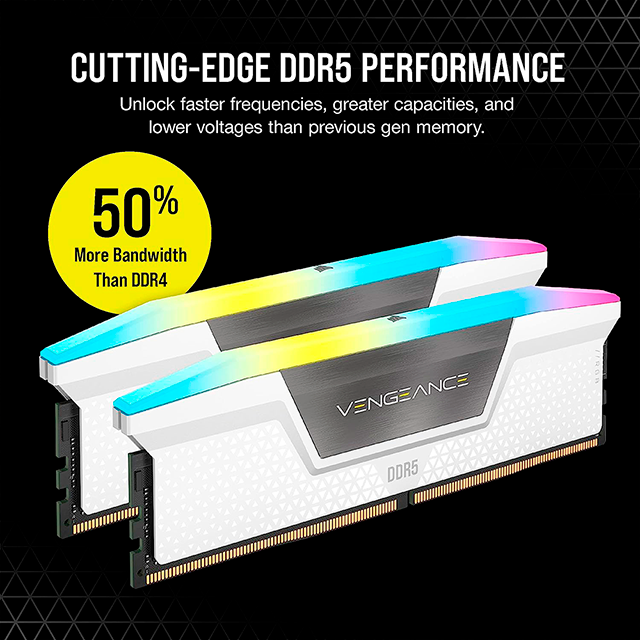 Memoria RAM DDR5 Corsair Vengeance RGB, 32GB (2×16GB), 5200 MHz CL40, Blanco – CMH32GX5M2B5200C40W