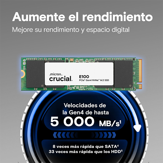 Unidad de Estado Solido SSD Crucial E100 2TB, M.2 2280, PCIe Gen4 x4, NVMe, hasta 5000/4500 MB/s – CT2000E100SSD8