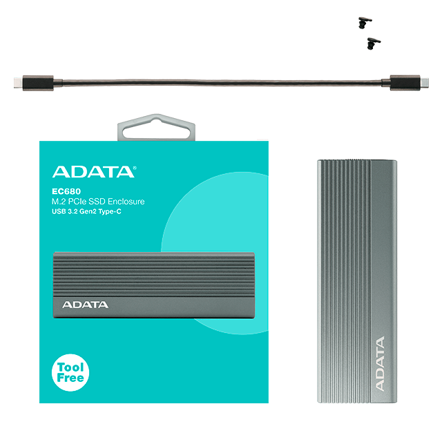 Enclosure Gabinete Externo ADATA EC680 para SSD M.2 PCIe NVMe, USB 3.2 Tipo-C, Aluminio - EC680-CCGY 