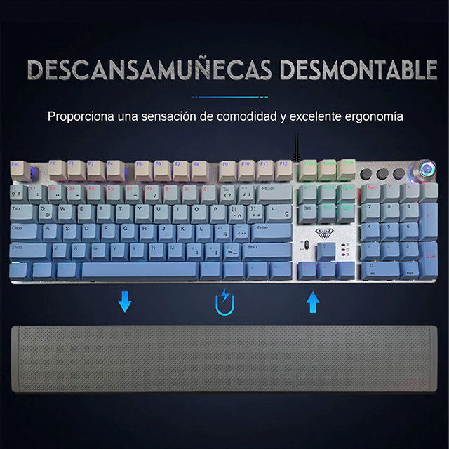 Teclado Mecánico AULA F2088 Air White, 104 Teclas, Alámbrico USB-C, Reposamuñecas Removible, Perilla Multimedia, RGB, Inglés con Impresión en Español – 8500-0069