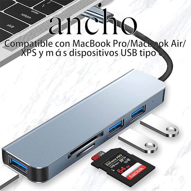 Hub WTDD USB C 5 en 1, Adaptador Multipuerto USB C con 3 Puertos USB 3.0 Lector de Tarjetas SD/Micro SD, Compatible con MacBook Pro, XPS y Más Dispositivos