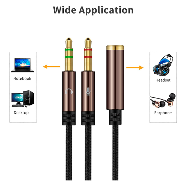 Adaptador NDOOL Mic y Audio Negro, Cable Audio 3.5mm a Doble 3.5mm para los Auriculares de Micrófono y Audifono Separada, PS4, Laptop, Altavoz, Chapado en Oro - ‎JP-ZJX-117
