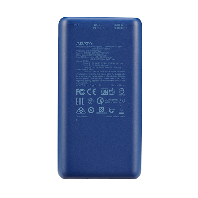 Power Bank Adata P20000QCD Azul | 20000 mAh | Carga rapida | Hasta 3 dispositivos a la vez - AP20000QCD-DGT-CDB