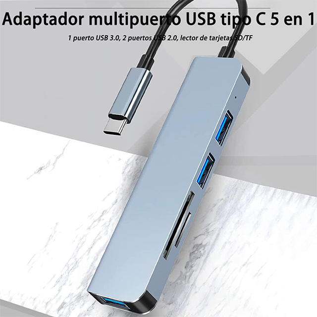 Hub WTDD USB C 5 en 1, Adaptador Multipuerto USB C con 3 Puertos USB 3.0 Lector de Tarjetas SD/Micro SD, Compatible con MacBook Pro, XPS y Más Dispositivos