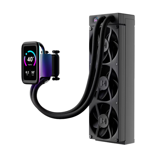 Enfriamiento Líquido HYTE THICC Q80 Trio, 360 mm, Pantalla IPS 5" 720p 60 Hz, 3× Ventiladores 120 mm, 3000 RPM, ARGB, Negro – FAN-HYTE-Q80T-BB