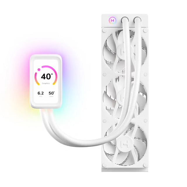 Enfriamiento Líquido HYTE THICC Q80 Trio, 360 mm, Pantalla IPS 5" 720p 60 Hz, 3× Ventiladores 120 mm, 3000 RPM, ARGB, Blanco – FAN-HYTE-Q80T-WW