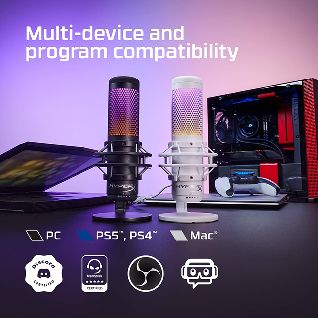 Micrófono de condensador HyperX QuadCast S Blanco - RGB, USB, PC, PS4, Mac, Montaje antivibración, Cuatro patrones polares, Filtro Pop, Control de Ganancia - 519P0AA