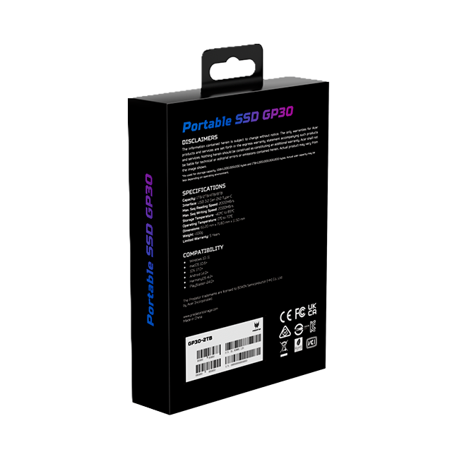 Unidad de Estado Solido SSD Externo Predator GP30 2TB, USB-C, USB 3.2 Gen 2x2, hasta 2000/2000 MB/s, RGB, negro – BL.9BWWR.126