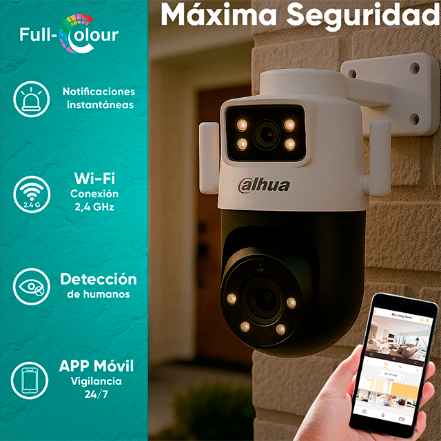 Cámara Dahua IPC-WPT1539DD-SW-5E2-PV, Dual Lens 10 MP IP Wi-Fi con Lente PT + Fijo y Alcance Infrarrojo de 50 m – IPC-WPT1539DD-SW-5E2-PV