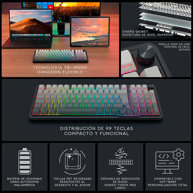 Teclado Mecánico EISA MAX Gray K686RGB-MAX-SP, 96%, inalámbrico (BT/2.4GHz) y alámbrico, switches lineales, gasket, RGB, español – K686RGB-MAX-SP