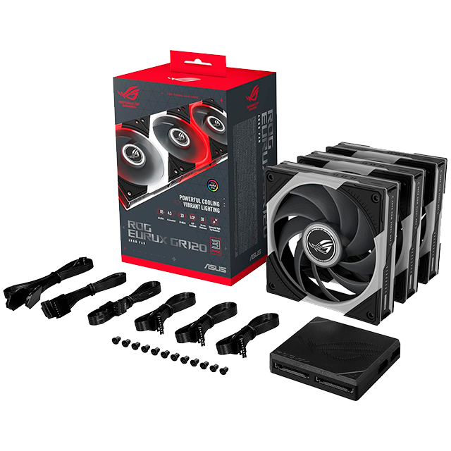 Kit de 3 Ventiladores ASUS ROG Eurux GR120, 120 mm, ARGB, 2600 RPM, 85 CFM, 4.5 mmH₂O, Aura Sync, Negro/Blanco – 90DA00J0-B08020