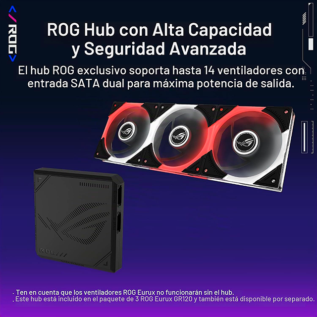 Kit de 3 Ventiladores ASUS ROG Eurux GR120, 120 mm, ARGB, 2600 RPM, 85 CFM, 4.5 mmH₂O, Aura Sync, Negro/Blanco – 90DA00J0-B08020