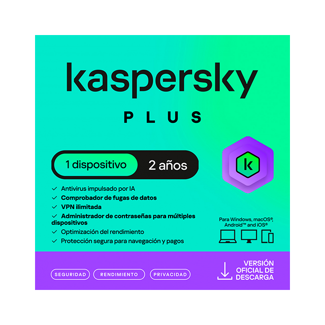 Kaspersky Plus, 1 Dispositivo, Suscripción 24 Meses, Licencia Digital ESD – KL1042ZDADS
