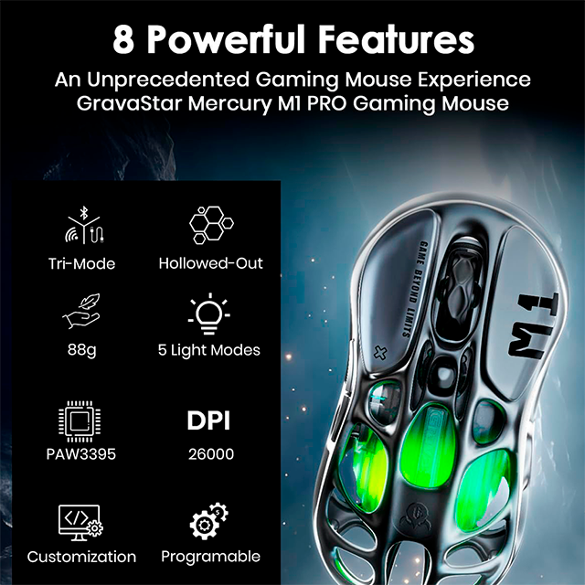 Mouse Gamer Inalámbrico GravaStar Mercury M1 Pro Gunmetal Gray, PAW3395, 26,000 DPI, 2.4 GHz/Bluetooth 5.1/USB-C, RGB – GRAVASTAR M1 PRO_GRY
