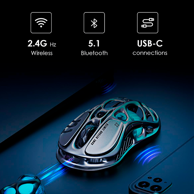 Mouse Gamer Inalámbrico GravaStar Mercury M1 Pro Gunmetal Gray, PAW3395, 26,000 DPI, 2.4 GHz/Bluetooth 5.1/USB-C, RGB – GRAVASTAR M1 PRO_GRY