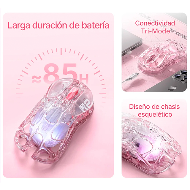 Mouse Gamer Inalámbrico GravaStar Mercury M2 Crystal Rose, 26,000 DPI, PAW3395, 1000 Hz, Bluetooth 5.1, 2.4 GHz, USB-C, RGB – GRAVASTAR M2_XTAL_PNK