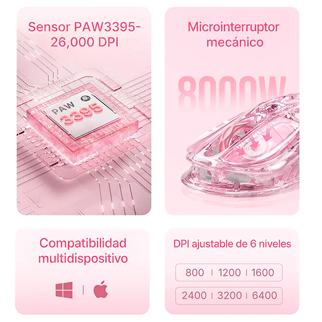 Mouse Gamer Inalámbrico GravaStar Mercury M2 Crystal Rose, 26,000 DPI, PAW3395, 1000 Hz, Bluetooth 5.1, 2.4 GHz, USB-C, RGB – GRAVASTAR M2_XTAL_PNK