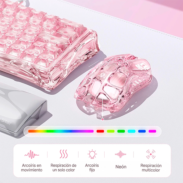 Mouse Gamer Inalámbrico GravaStar Mercury M2 Crystal Rose, 26,000 DPI, PAW3395, 1000 Hz, Bluetooth 5.1, 2.4 GHz, USB-C, RGB – GRAVASTAR M2_XTAL_PNK
