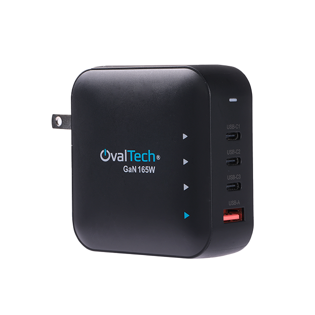 Cargador GaN Ovaltech OV-G165W, 165W, 3× USB-C, 1× USB-A, Power Delivery, carga rápida – OV-G165W
