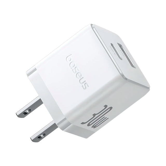 Cargador de Pared Baseus, 30W, USB-C + USB-A, Carga Rápida, Blanco – P1011160B213-00