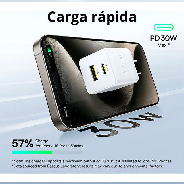 Cargador de Pared Baseus, 30W, USB-C + USB-A, Carga Rápida, Blanco – P1011160B213-00
