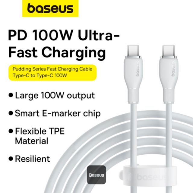 Cable de Carga Baseus USB-C a USB-C, 100W, 5A, 1.2 m, Blanco – P10355702221-B1