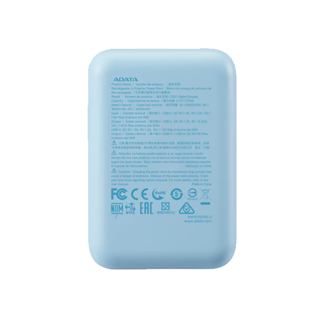 Power Bank ADATA C100, 10,000 mAh, Carga Dual, Indicador LED, Azul – PC10022-12LB