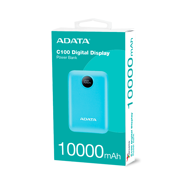 Power Bank ADATA C100, 10,000 mAh, Carga Dual, Indicador LED, Azul – PC10022-12LB