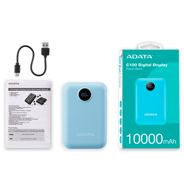 Power Bank ADATA C100, 10,000 mAh, Carga Dual, Indicador LED, Azul – PC10022-12LB