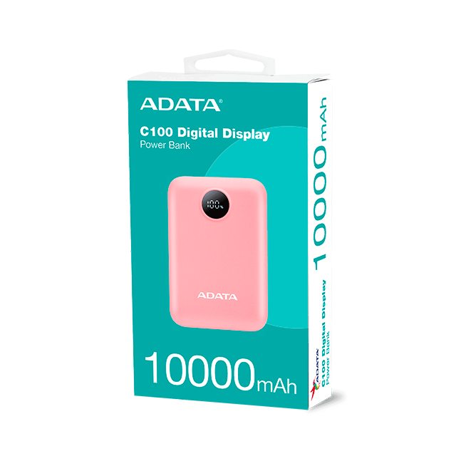 Power Bank ADATA C100, 10,000 mAh, Carga Dual, Indicador LED, Rosa – PC10022-12PK