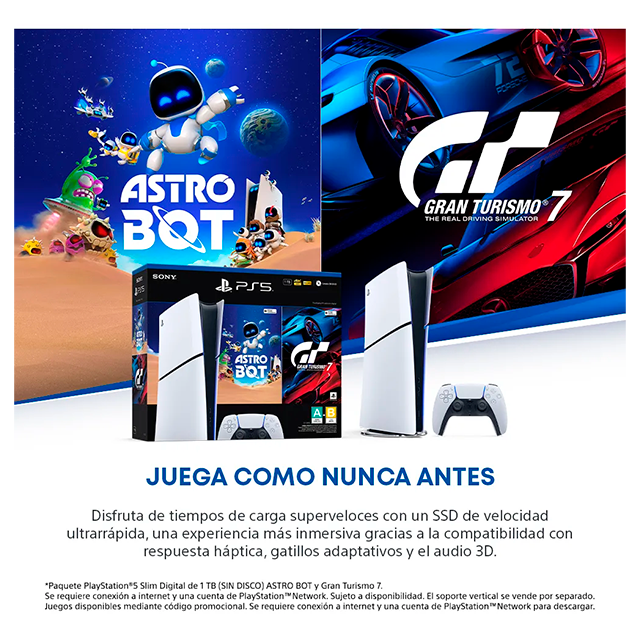Consola PlayStation 5 Edición Digital, 825 GB SSD, Incluye ASTRO BOT y Gran Turismo 7, Control DualSense Inalámbrico, Resolución 4K HDR, Modelo PS5DIG-ASTRO