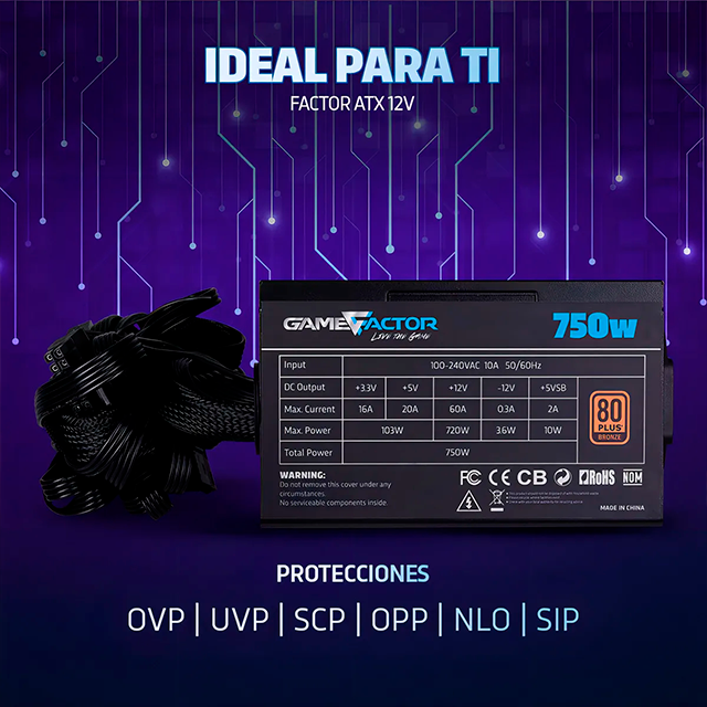 Fuente de Poder Game Factor PSG750, 750W, 80 Plus Bronze, ATX, No Modular, Color Negro - PSG750