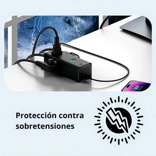 Cargador de Escritorio Baseus PowerStrip, 6 Puertos, 3 AC + 2 USB-C + 1 USB-A, 30W, Cable 1.5 m, Negro – PSLA030101