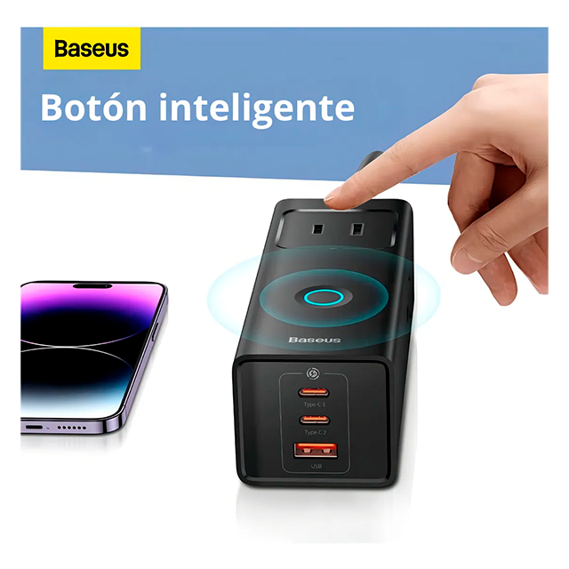 Cargador de Escritorio Baseus PowerStrip, 6 Puertos, 3 AC + 2 USB-C + 1 USB-A, 30W, Cable 1.5 m, Negro – PSLA030101