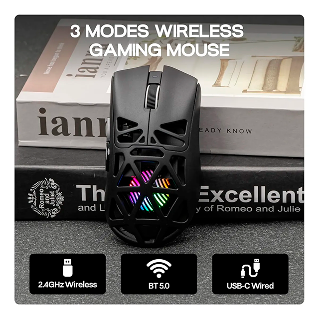 Mouse Gamer AULA SC620 Black, inalámbrico tri-mode, Bluetooth/2.4 GHz/USB-C, 12,000 DPI, 1000Hz, RGB – SC620 BLACK