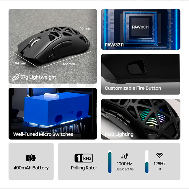 Mouse Gamer AULA SC620 Black, inalámbrico tri-mode, Bluetooth/2.4 GHz/USB-C, 12,000 DPI, 1000Hz, RGB – SC620 BLACK