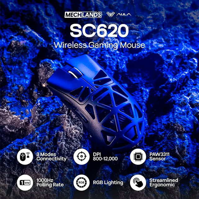 Mouse Gamer AULA SC620 Black, inalámbrico tri-mode, Bluetooth/2.4 GHz/USB-C, 12,000 DPI, 1000Hz, RGB – SC620 BLACK