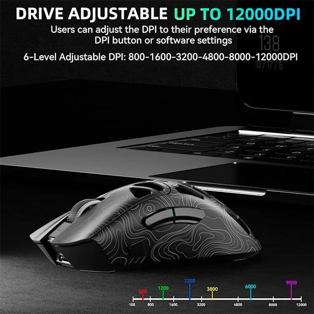 Mouse Gamer AULA SC620 Black/Lines, inalámbrico tri-mode, Bluetooth/2.4 GHz/USB-C, 12,000 DPI, 1000Hz, RGB – SC620 BLACK/LINES