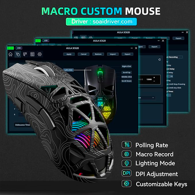 Mouse Gamer AULA SC620 Black/Lines, inalámbrico tri-mode, Bluetooth/2.4 GHz/USB-C, 12,000 DPI, 1000Hz, RGB – SC620 BLACK/LINES