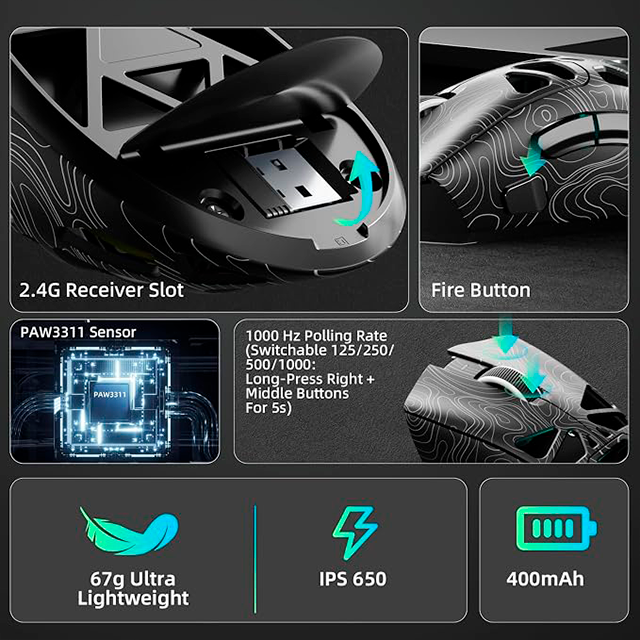 Mouse Gamer AULA SC620 Black/Lines, inalámbrico tri-mode, Bluetooth/2.4 GHz/USB-C, 12,000 DPI, 1000Hz, RGB – SC620 BLACK/LINES