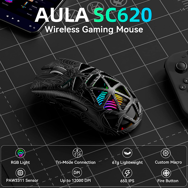 Mouse Gamer AULA SC620 Black/Lines, inalámbrico tri-mode, Bluetooth/2.4 GHz/USB-C, 12,000 DPI, 1000Hz, RGB – SC620 BLACK/LINES