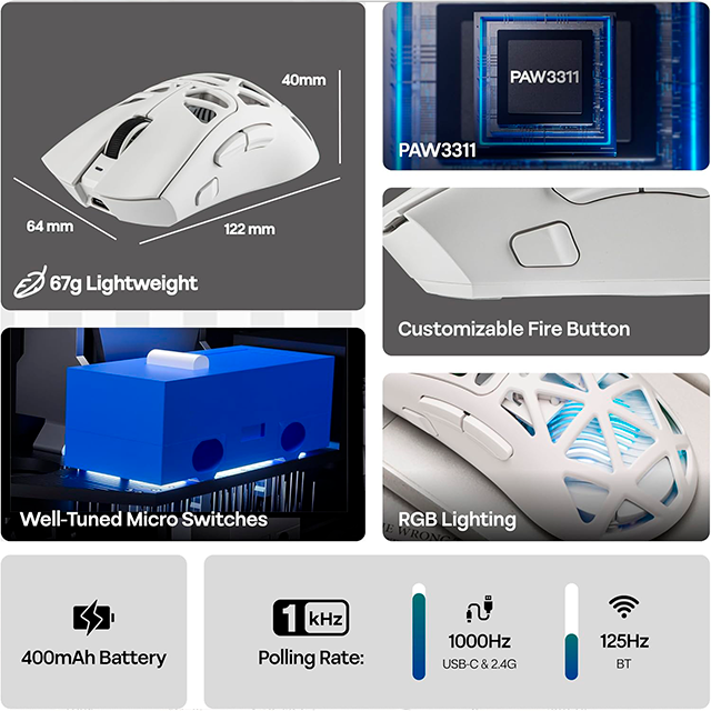 Mouse Gamer AULA SC620 White, inalámbrico tri-mode, Bluetooth/2.4 GHz/USB-C, 12,000 DPI, 1000Hz, RGB – SC620 WHITE