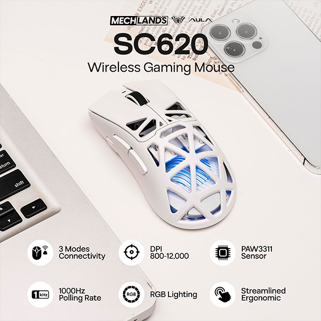 Mouse Gamer AULA SC620 White, inalámbrico tri-mode, Bluetooth/2.4 GHz/USB-C, 12,000 DPI, 1000Hz, RGB – SC620 WHITE
