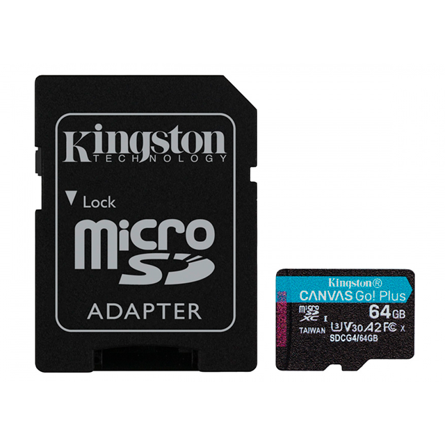 Memoria MicroSD Kingston Canvas Go! Plus, 64GB, UHS-I U3, V30, A2, hasta 200 MB/s, incluye adaptador SD – SDCG4/64GB