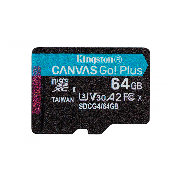 Memoria MicroSD Kingston Canvas Go! Plus, 64GB, UHS-I U3, V30, A2, hasta 200 MB/s, incluye adaptador SD – SDCG4/64GB