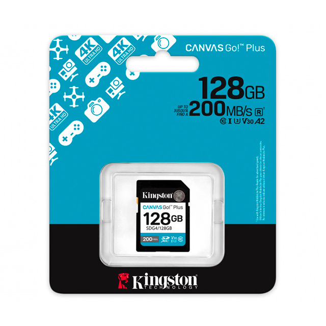 Memoria SD Kingston SDXC Canvas Go Plus, 128GB, UHS-I, V30, Clase 10 - SDG4/128GB