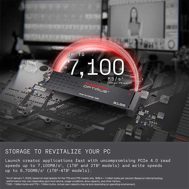Unidad De Estado Solido SSD SanDisk Optimus 5100 1 TB, M.2 2280, PCIe 4.0 ×4, NVMe, Lectura 7100 MB/s, Escritura 6700 MB/s, sin Disipador – SDSP51100TAN-000E0